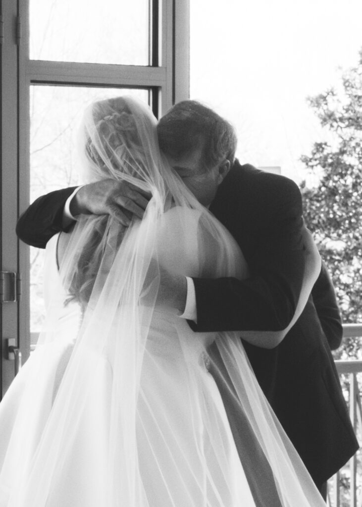 bride hugging father during first look